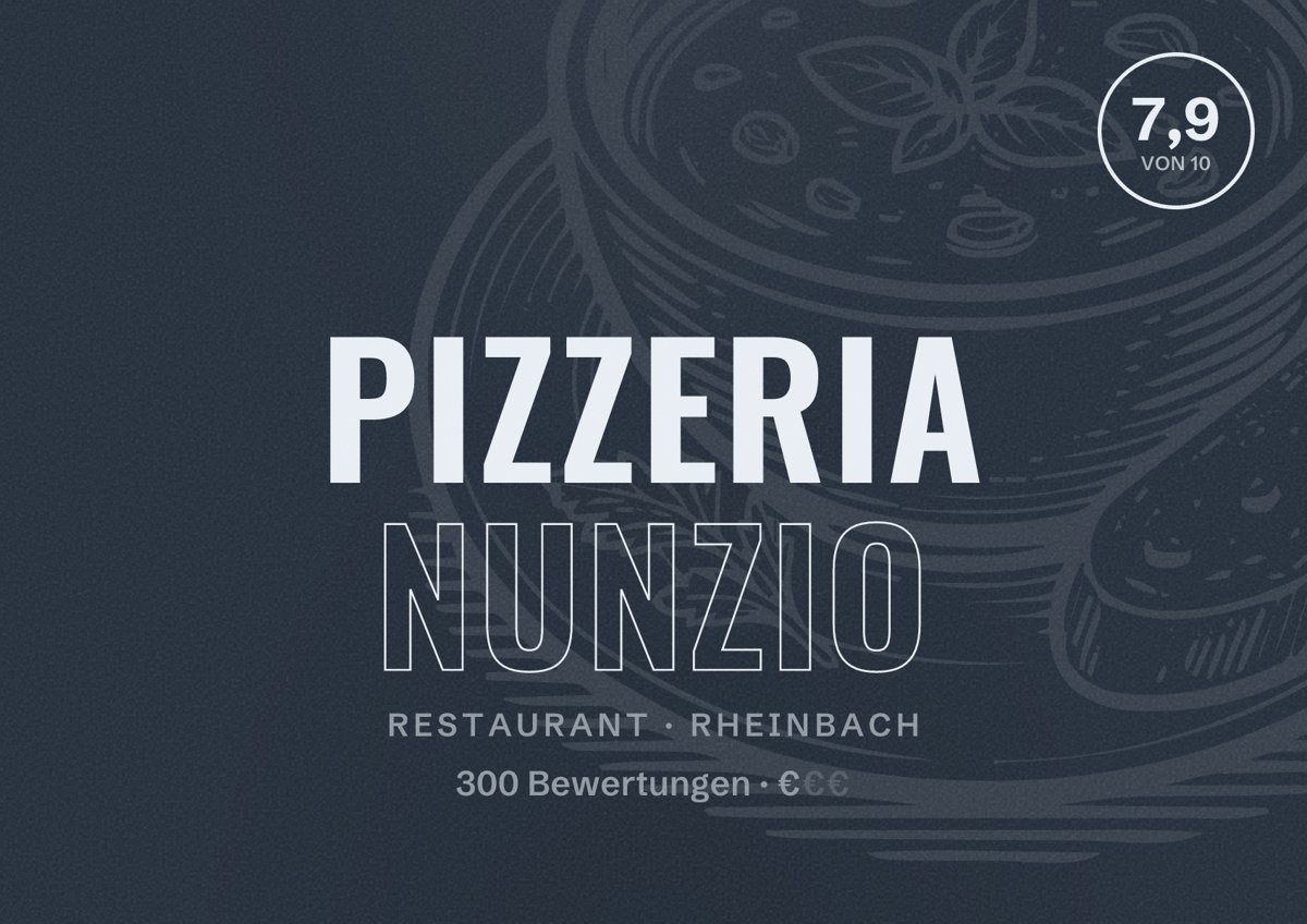 Illustriertes Poster von Pizzeria Nunzio, Restaurant in Rheinbach: Bewertung 7,9 von 10 aus 300 Bewertungen, Preisniveau €