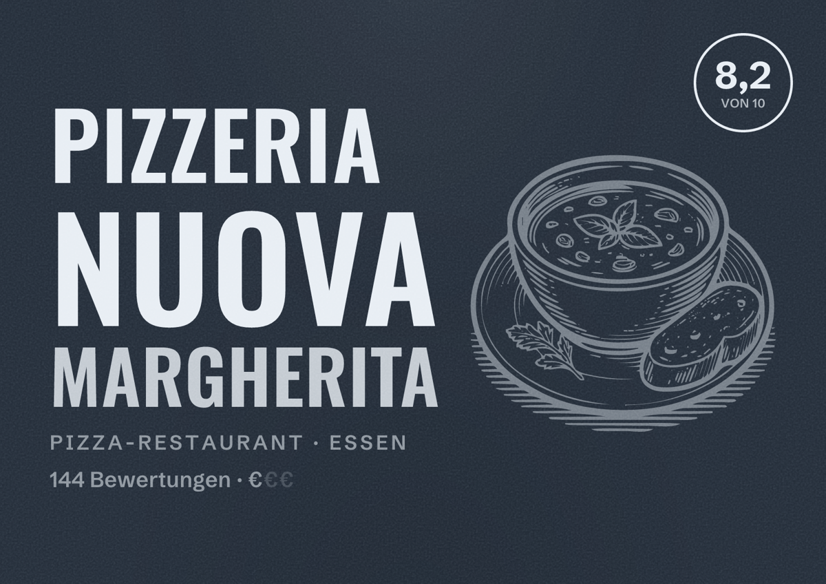 Illustriertes Poster von Pizzeria Nuova Margherita, Pizza-Restaurant in Essen: Bewertung 8,2 von 10 aus 144 Bewertungen, Preisniveau €