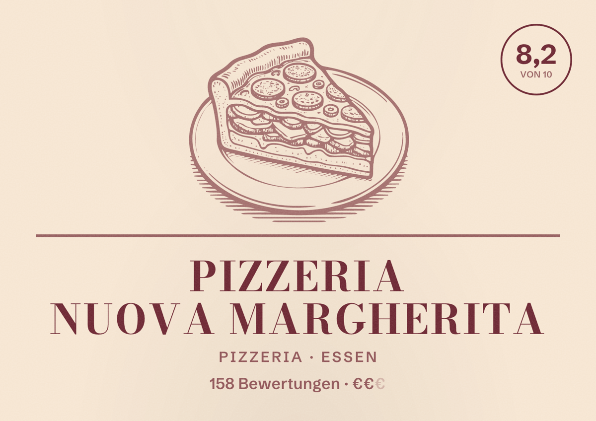 Illustriertes Poster von Pizzeria Nuova Margherita, Pizzeria in Essen: Bewertung 8,2 von 10 aus 158 Bewertungen, Preisniveau €€