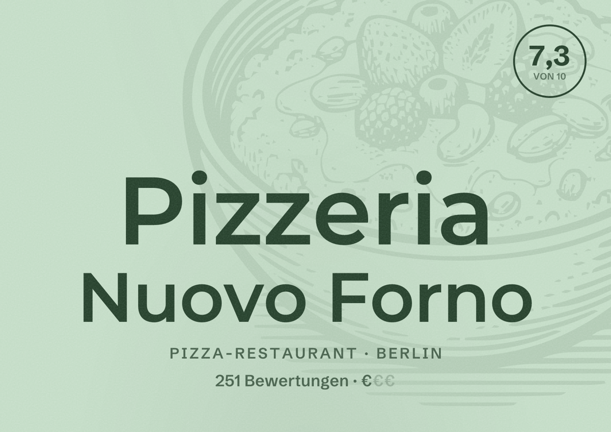 Illustriertes Poster von Pizzeria Nuovo Forno, Pizza-Restaurant in Berlin: Bewertung 7,3 von 10 aus 251 Bewertungen, Preisniveau €