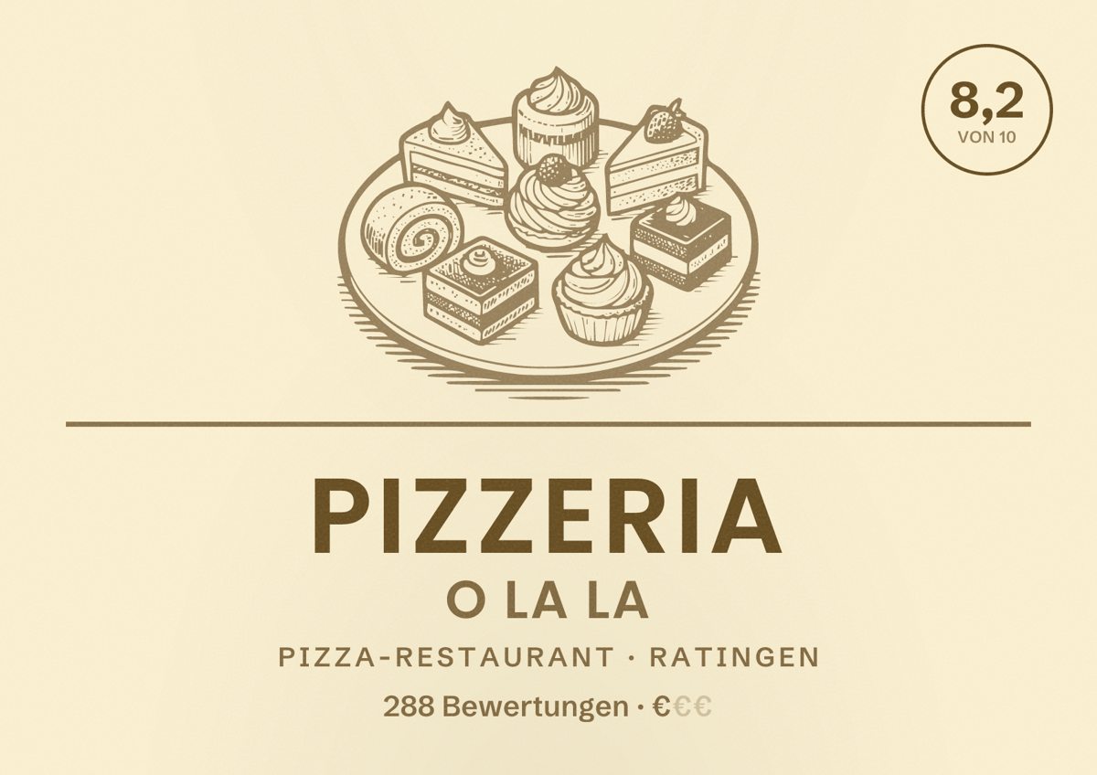 Illustriertes Poster von Pizzeria O La La, Pizza-Restaurant in Ratingen: Bewertung 8,2 von 10 aus 288 Bewertungen, Preisniveau €