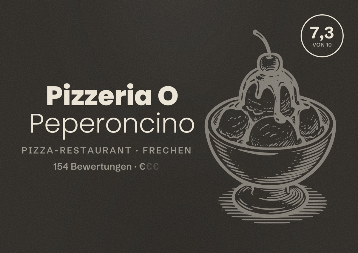Illustriertes Poster von Pizzeria O Peperoncino, Pizza-Restaurant in Frechen: Bewertung 7,3 von 10 aus 154 Bewertungen, Preisniveau €