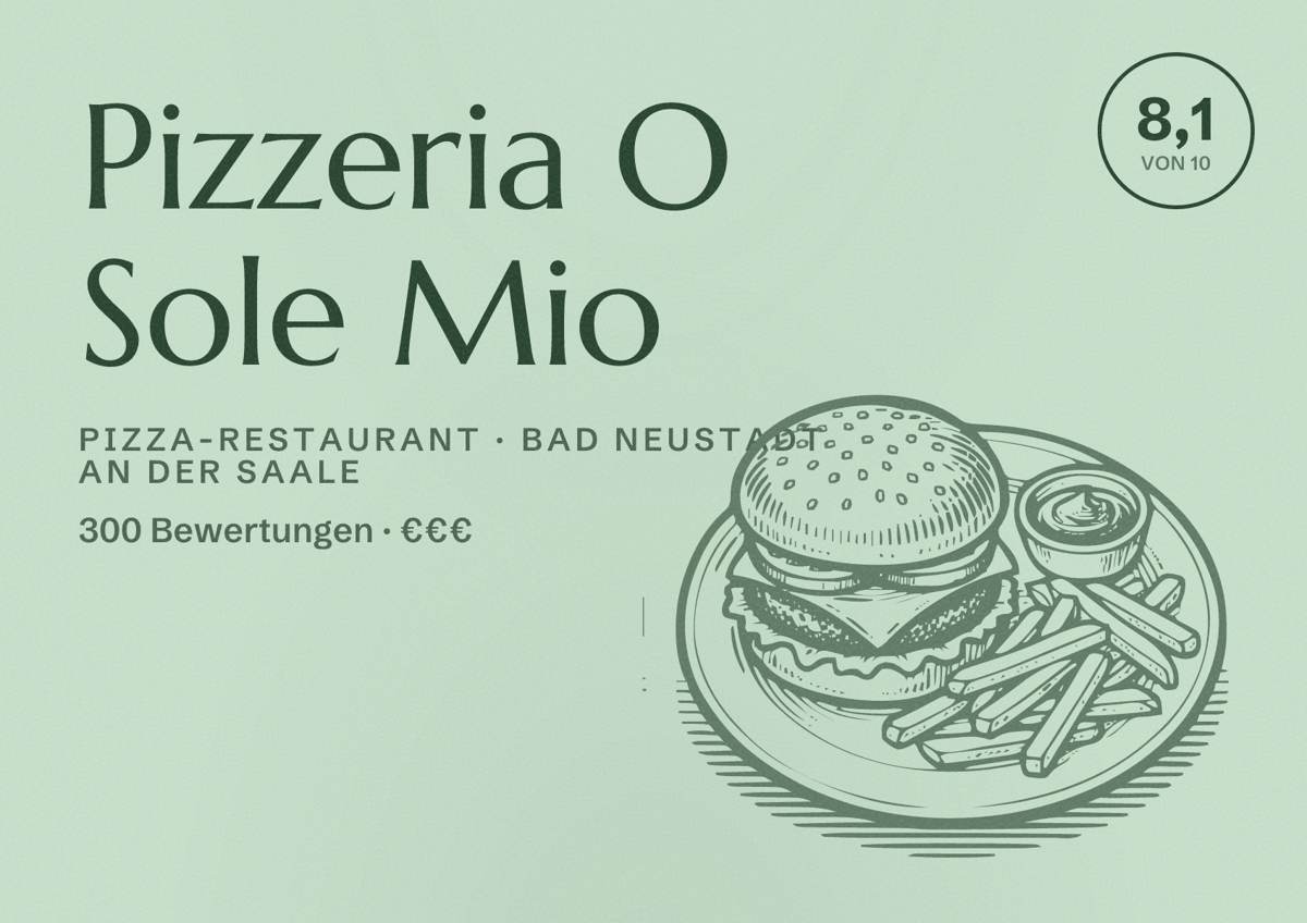 Illustriertes Poster von Pizzeria O Sole Mio, Pizza-Restaurant in Bad Neustadt an der Saale: Bewertung 8,1 von 10 aus 300 Bewertungen, Preisniveau €€€
