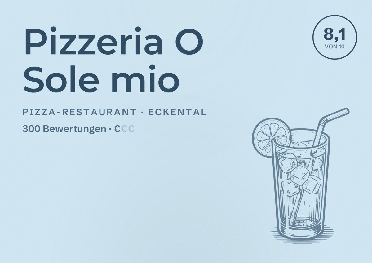 Illustriertes Poster von Pizzeria O Sole mio, Pizza-Restaurant in Eckental: Bewertung 8,1 von 10 aus 300 Bewertungen, Preisniveau €