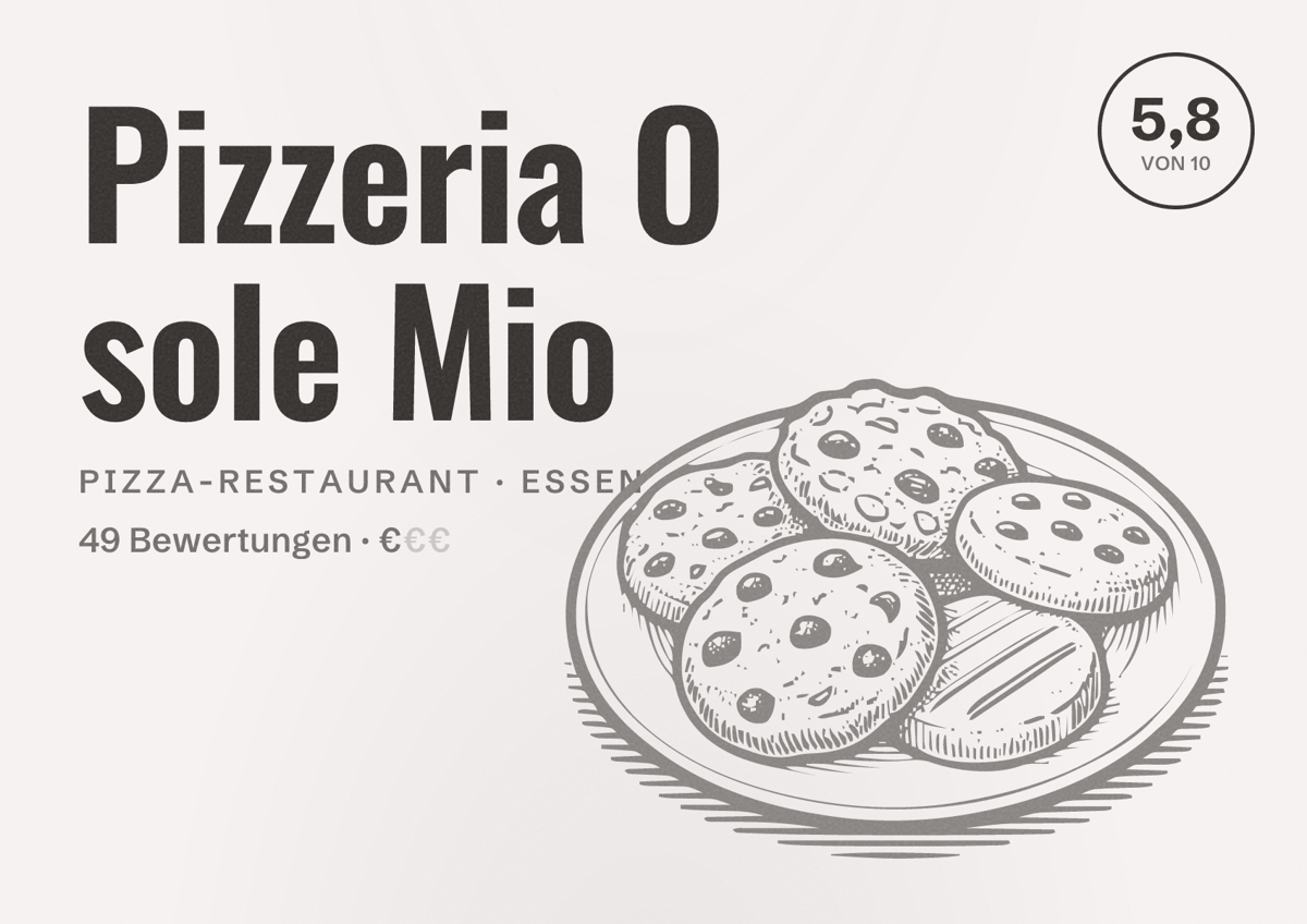 Illustriertes Poster von Pizzeria O sole Mio, Pizza-Restaurant in Essen: Bewertung 5,8 von 10 aus 49 Bewertungen, Preisniveau €