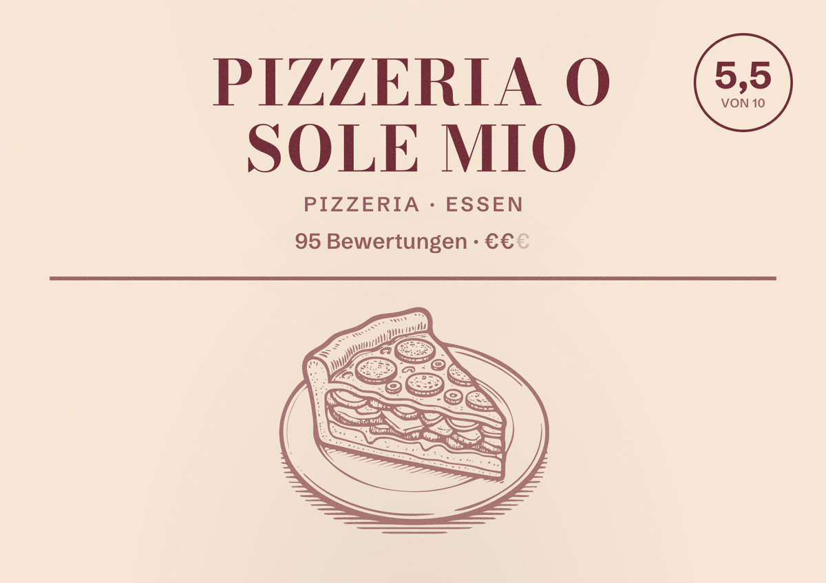 Illustriertes Poster von Pizzeria O sole Mio, Pizzeria in Essen: Bewertung 5,5 von 10 aus 95 Bewertungen, Preisniveau €€