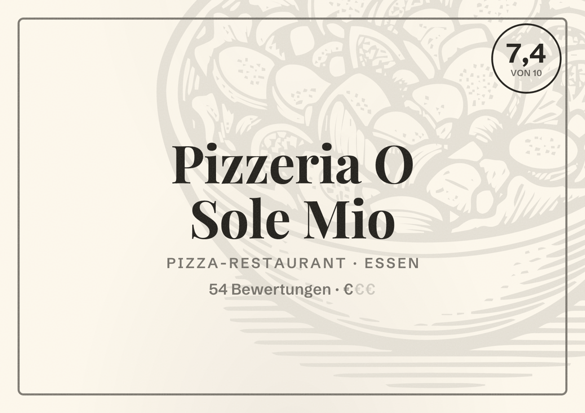 Illustriertes Poster von Pizzeria O Sole Mio, Pizza-Restaurant in Essen: Bewertung 7,4 von 10 aus 54 Bewertungen, Preisniveau €