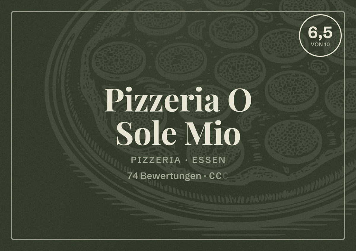 Illustriertes Poster von Pizzeria O Sole Mio, Pizzeria in Essen: Bewertung 6,5 von 10 aus 74 Bewertungen, Preisniveau €€