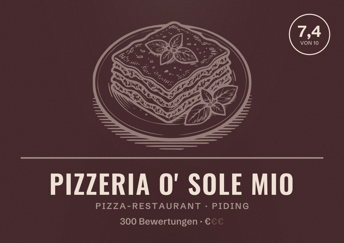 Illustriertes Poster von Pizzeria O' Sole Mio, Pizza-Restaurant in Piding: Bewertung 7,4 von 10 aus 300 Bewertungen, Preisniveau €