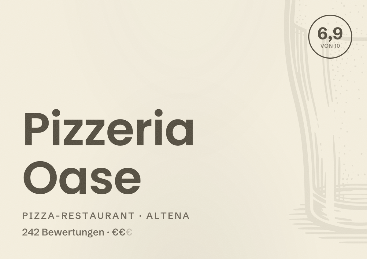 Illustriertes Poster von Pizzeria Oase, Pizza-Restaurant in Altena: Bewertung 6,9 von 10 aus 242 Bewertungen, Preisniveau €€