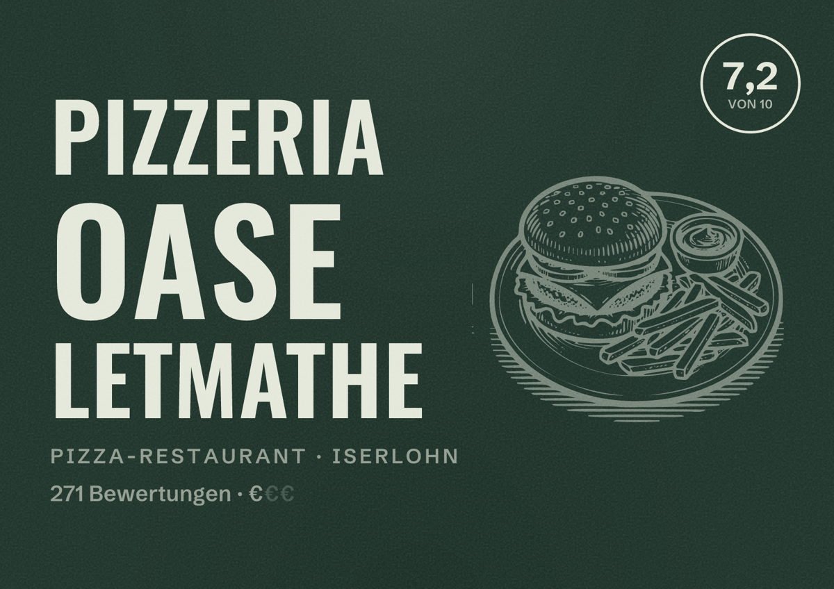 Illustriertes Poster von Pizzeria Oase Letmathe, Pizza-Restaurant in Iserlohn: Bewertung 7,2 von 10 aus 271 Bewertungen, Preisniveau €