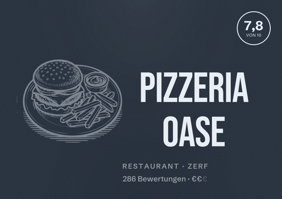 Illustriertes Poster von Pizzeria Oase, Restaurant in Zerf: Bewertung 7,8 von 10 aus 286 Bewertungen, Preisniveau €€