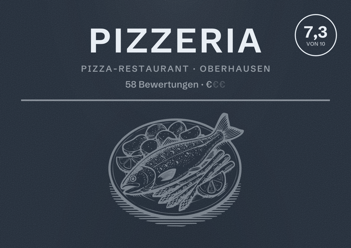 Illustriertes Poster von Pizzeria, Pizza-Restaurant in Oberhausen: Bewertung 7,3 von 10 aus 58 Bewertungen, Preisniveau €