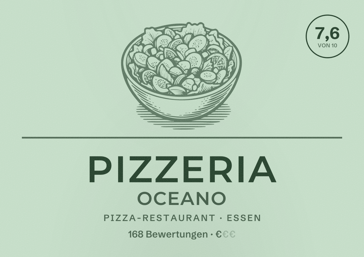 Illustriertes Poster von Pizzeria Oceano, Pizza-Restaurant in Essen: Bewertung 7,6 von 10 aus 168 Bewertungen, Preisniveau €