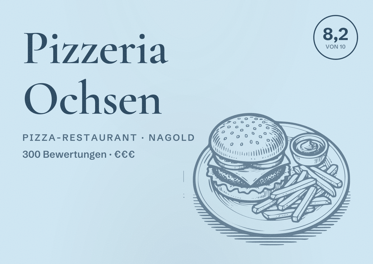 Illustriertes Poster von Pizzeria Ochsen, Pizza-Restaurant in Nagold: Bewertung 8,2 von 10 aus 300 Bewertungen, Preisniveau €€€