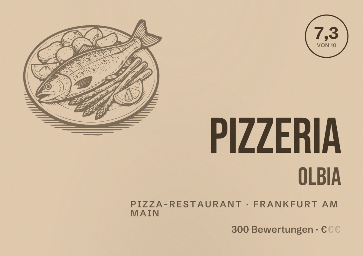 Illustriertes Poster von Pizzeria Olbia, Pizza-Restaurant in Frankfurt am Main: Bewertung 7,3 von 10 aus 300 Bewertungen, Preisniveau €