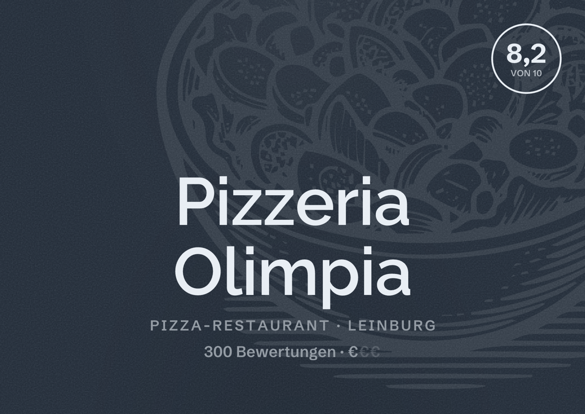 Illustriertes Poster von Pizzeria Olimpia, Pizza-Restaurant in Leinburg: Bewertung 8,2 von 10 aus 300 Bewertungen, Preisniveau €