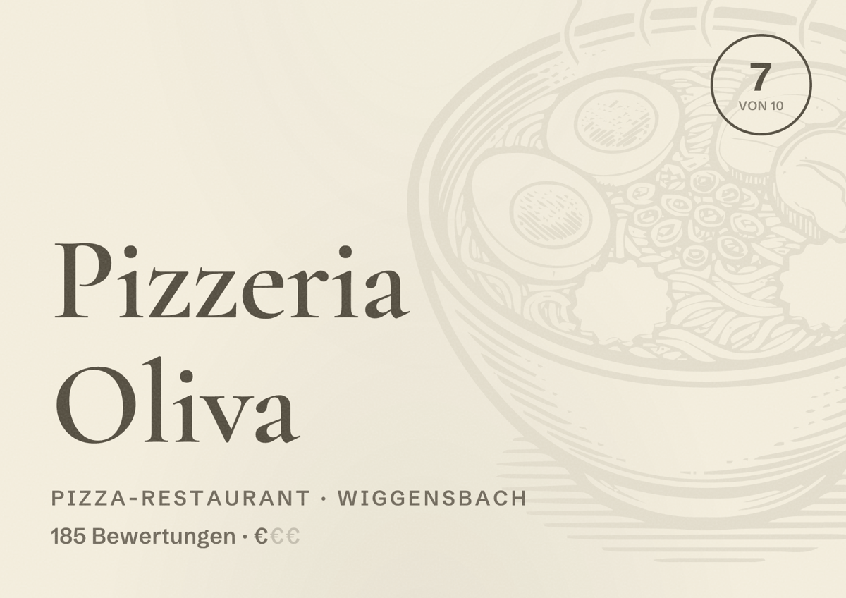 Illustriertes Poster von Pizzeria Oliva, Pizza-Restaurant in Wiggensbach: Bewertung 7 von 10 aus 185 Bewertungen, Preisniveau €