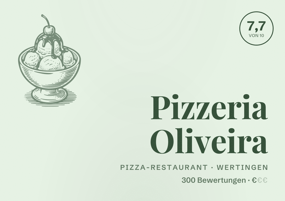 Illustriertes Poster von Pizzeria Oliveira, Pizza-Restaurant in Wertingen: Bewertung 7,7 von 10 aus 300 Bewertungen, Preisniveau €