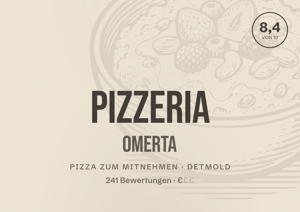 Illustriertes Poster von Pizzeria Omerta, Pizza zum Mitnehmen in Detmold: Bewertung 8,4 von 10 aus 241 Bewertungen, Preisniveau €