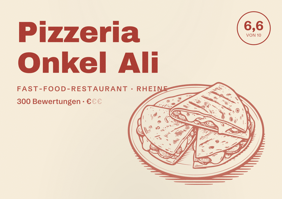 Illustriertes Poster von Pizzeria Onkel Ali, Fast-Food-Restaurant in Rheine: Bewertung 6,6 von 10 aus 300 Bewertungen, Preisniveau €