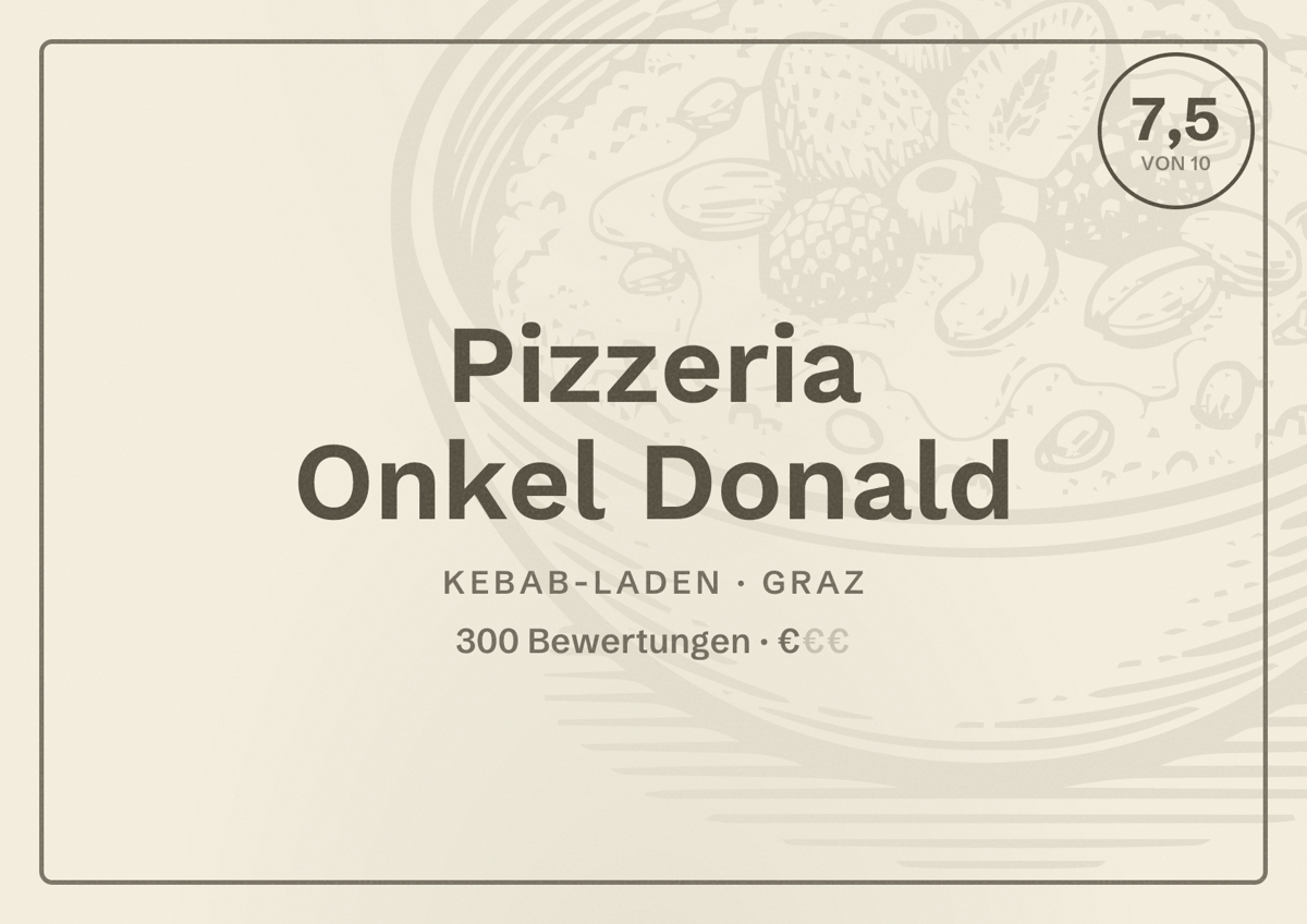 Illustriertes Poster von Pizzeria Onkel Donald, Kebab-Laden in Graz: Bewertung 7,5 von 10 aus 300 Bewertungen, Preisniveau €