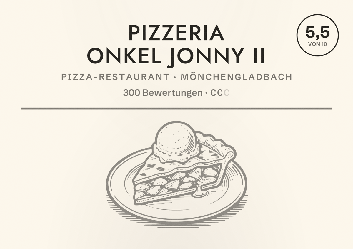 Illustriertes Poster von Pizzeria Onkel Jonny II, Pizza-Restaurant in Mönchengladbach: Bewertung 5,5 von 10 aus 300 Bewertungen, Preisniveau €€