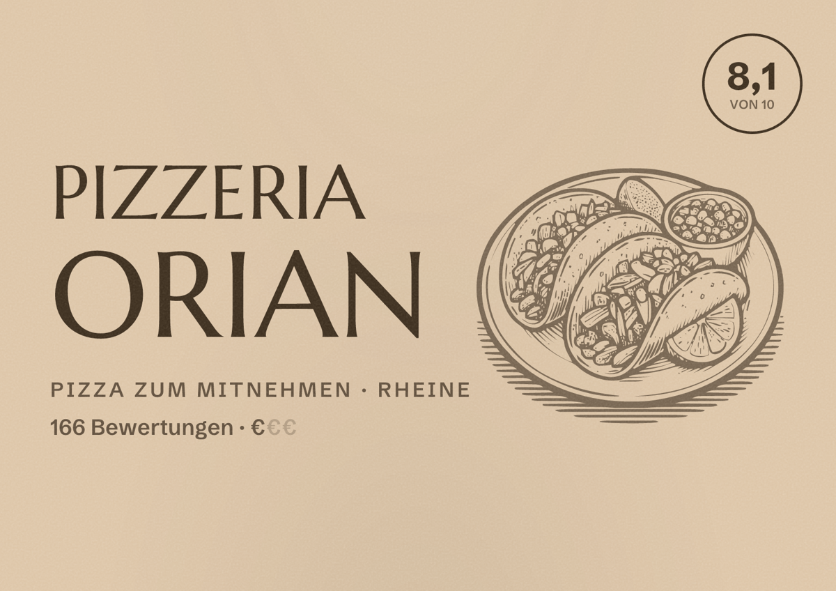 Illustriertes Poster von Pizzeria Orian, Pizza zum Mitnehmen in Rheine: Bewertung 8,1 von 10 aus 166 Bewertungen, Preisniveau €