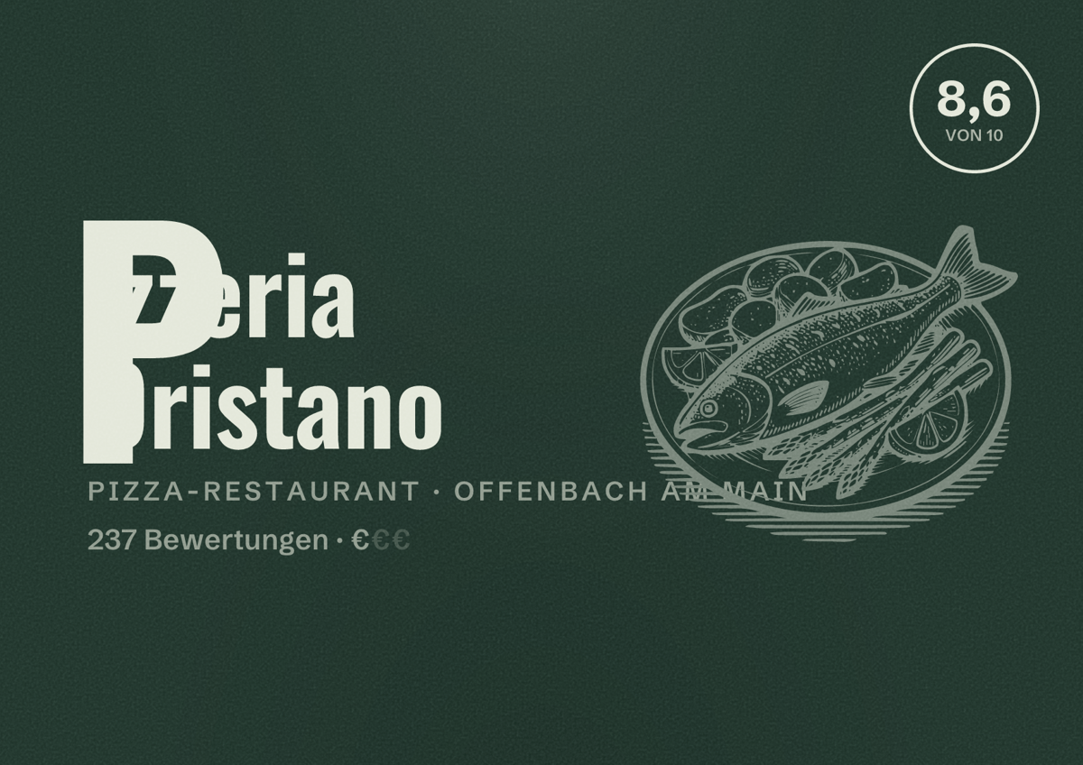Illustriertes Poster von Pizzeria Oristano, Pizza-Restaurant in Offenbach am Main: Bewertung 8,6 von 10 aus 237 Bewertungen, Preisniveau €