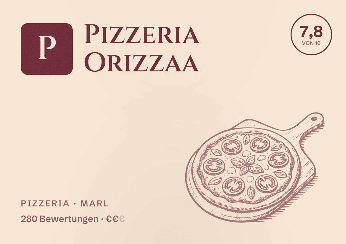 Illustriertes Poster von Pizzeria Orizzaa, Pizzeria in Marl: Bewertung 7,8 von 10 aus 280 Bewertungen, Preisniveau €€