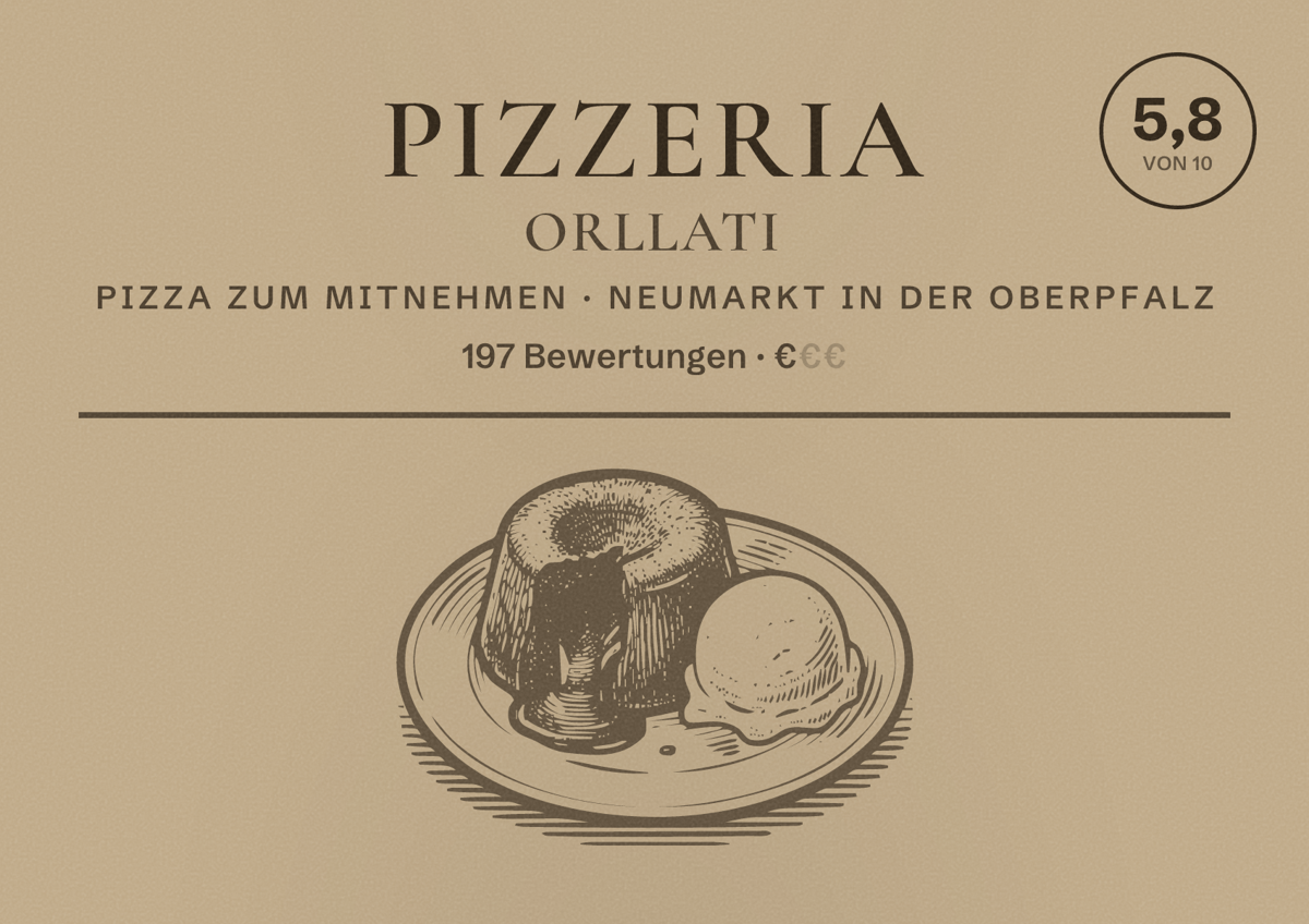 Illustriertes Poster von Pizzeria Orllati, Pizza zum Mitnehmen in Neumarkt in der Oberpfalz: Bewertung 5,8 von 10 aus 197 Bewertungen, Preisniveau €