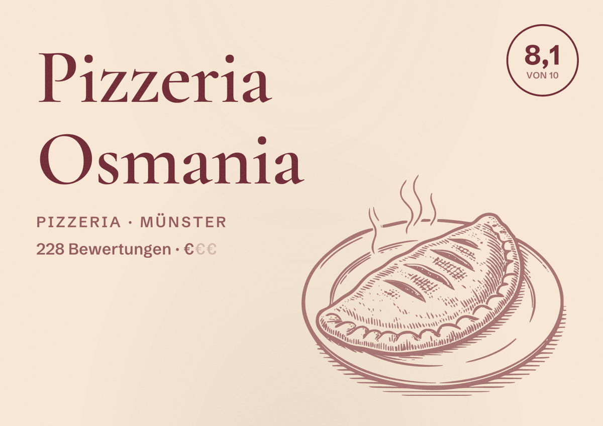 Illustriertes Poster von Pizzeria Osmania, Pizzeria in Münster: Bewertung 8,1 von 10 aus 228 Bewertungen, Preisniveau €