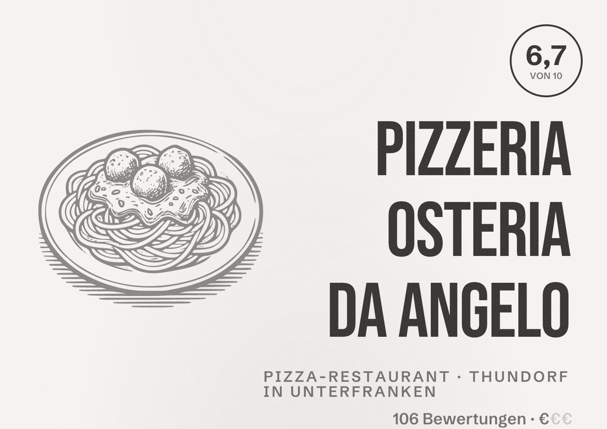 Illustriertes Poster von Pizzeria Osteria Da Angelo, Pizza-Restaurant in Thundorf in Unterfranken: Bewertung 6,7 von 10 aus 106 Bewertungen, Preisniveau €
