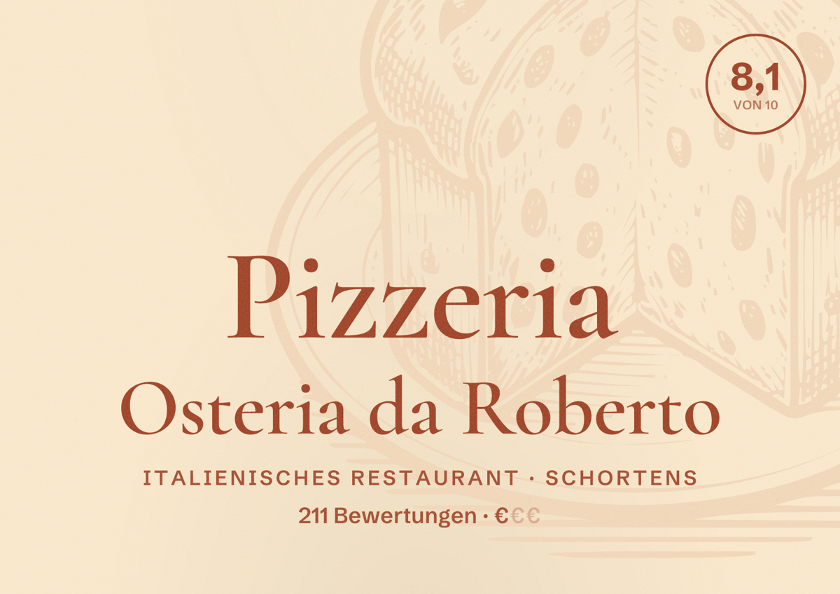 Illustriertes Poster von Pizzeria Osteria da Roberto, Italienisches Restaurant in Schortens: Bewertung 8,1 von 10 aus 211 Bewertungen, Preisniveau €