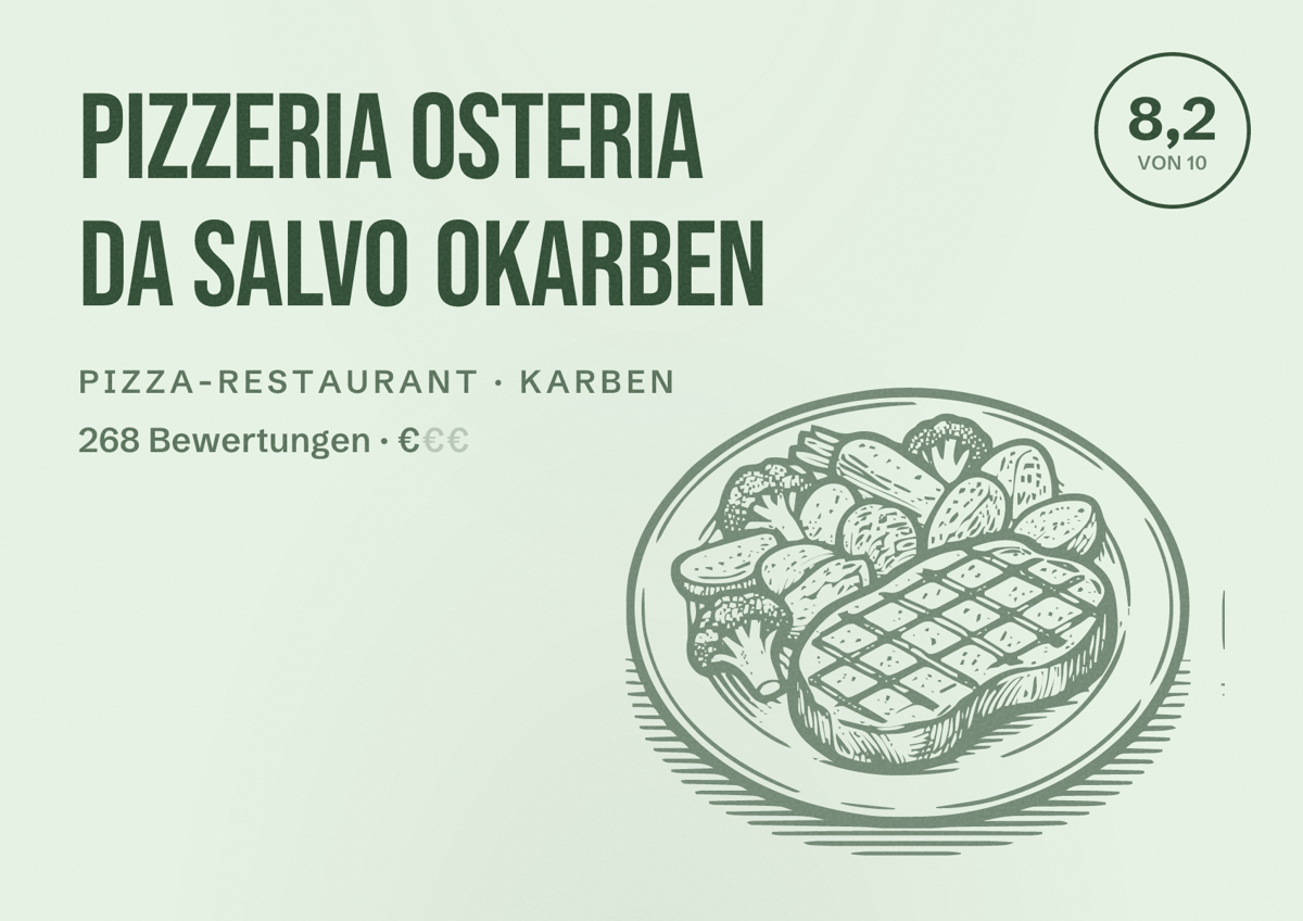 Illustriertes Poster von Pizzeria Osteria Da Salvo Okarben, Pizza-Restaurant in Karben: Bewertung 8,2 von 10 aus 268 Bewertungen, Preisniveau €