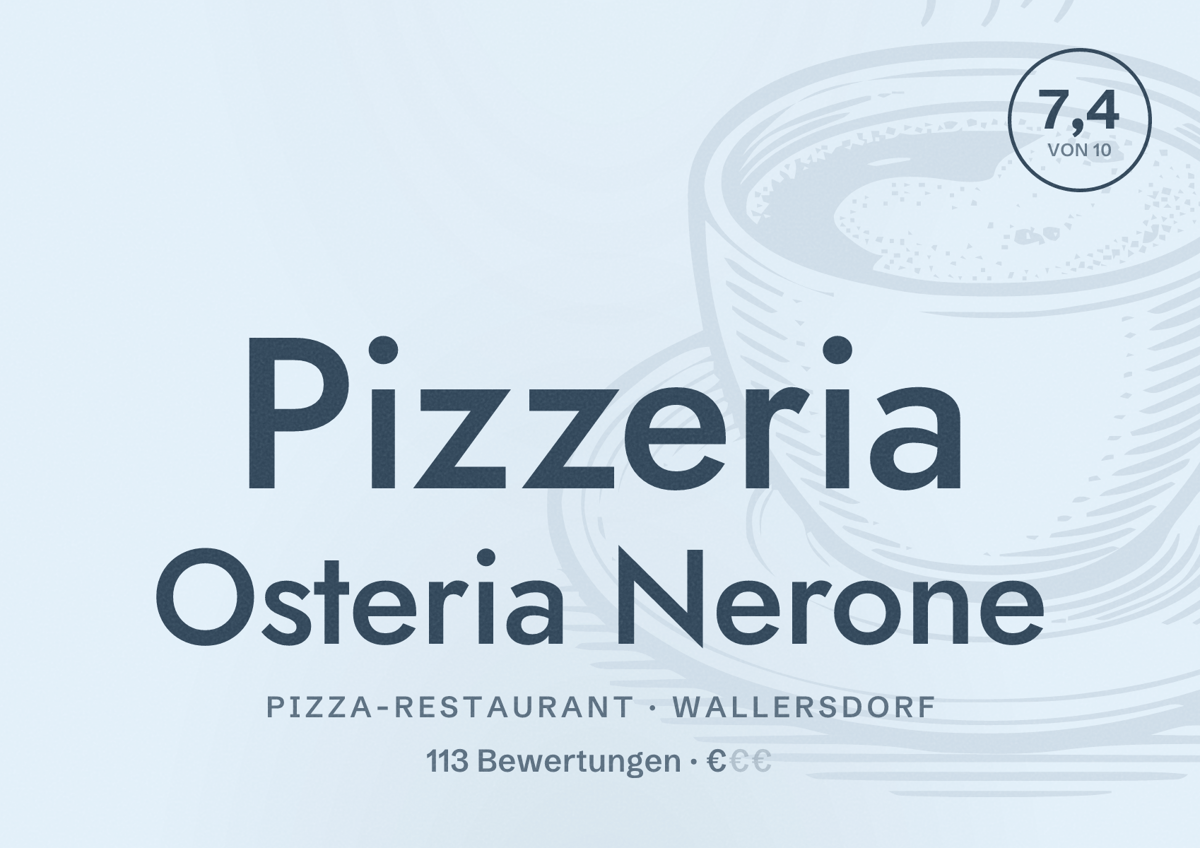 Illustriertes Poster von Pizzeria Osteria Nerone, Pizza-Restaurant in Wallersdorf: Bewertung 7,4 von 10 aus 113 Bewertungen, Preisniveau €