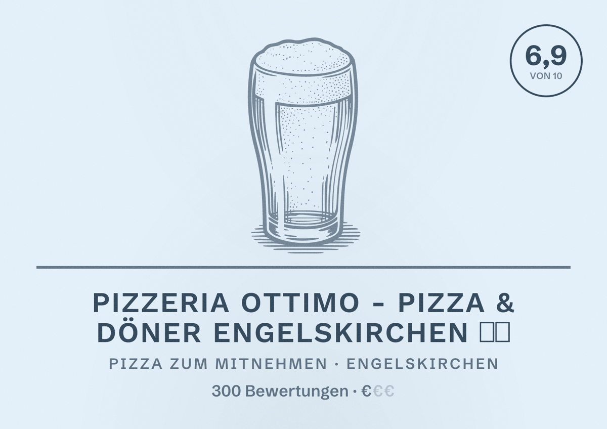 Illustriertes Poster von Pizzeria Ottimo - Pizza & Döner Engelskirchen 🍕🥙, Pizza zum Mitnehmen in Engelskirchen: Bewertung 6,9 von 10 aus 300 Bewertungen, Preisniveau €