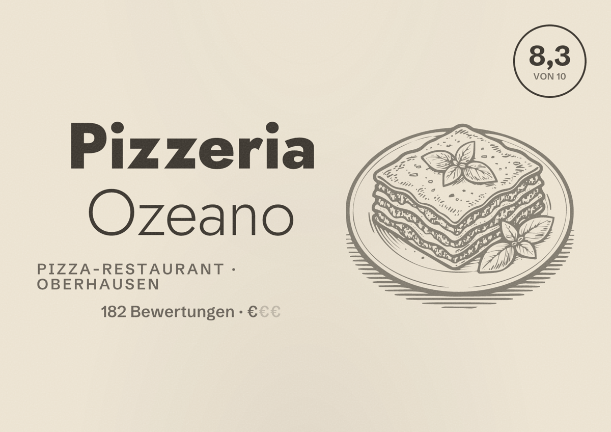 Illustriertes Poster von Pizzeria Ozeano, Pizza-Restaurant in Oberhausen: Bewertung 8,3 von 10 aus 182 Bewertungen, Preisniveau €
