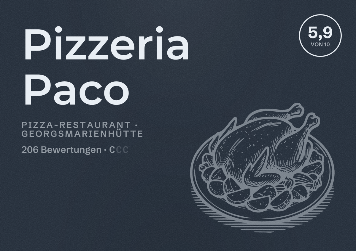 Illustriertes Poster von Pizzeria Paco, Pizza-Restaurant in Georgsmarienhütte: Bewertung 5,9 von 10 aus 206 Bewertungen, Preisniveau €