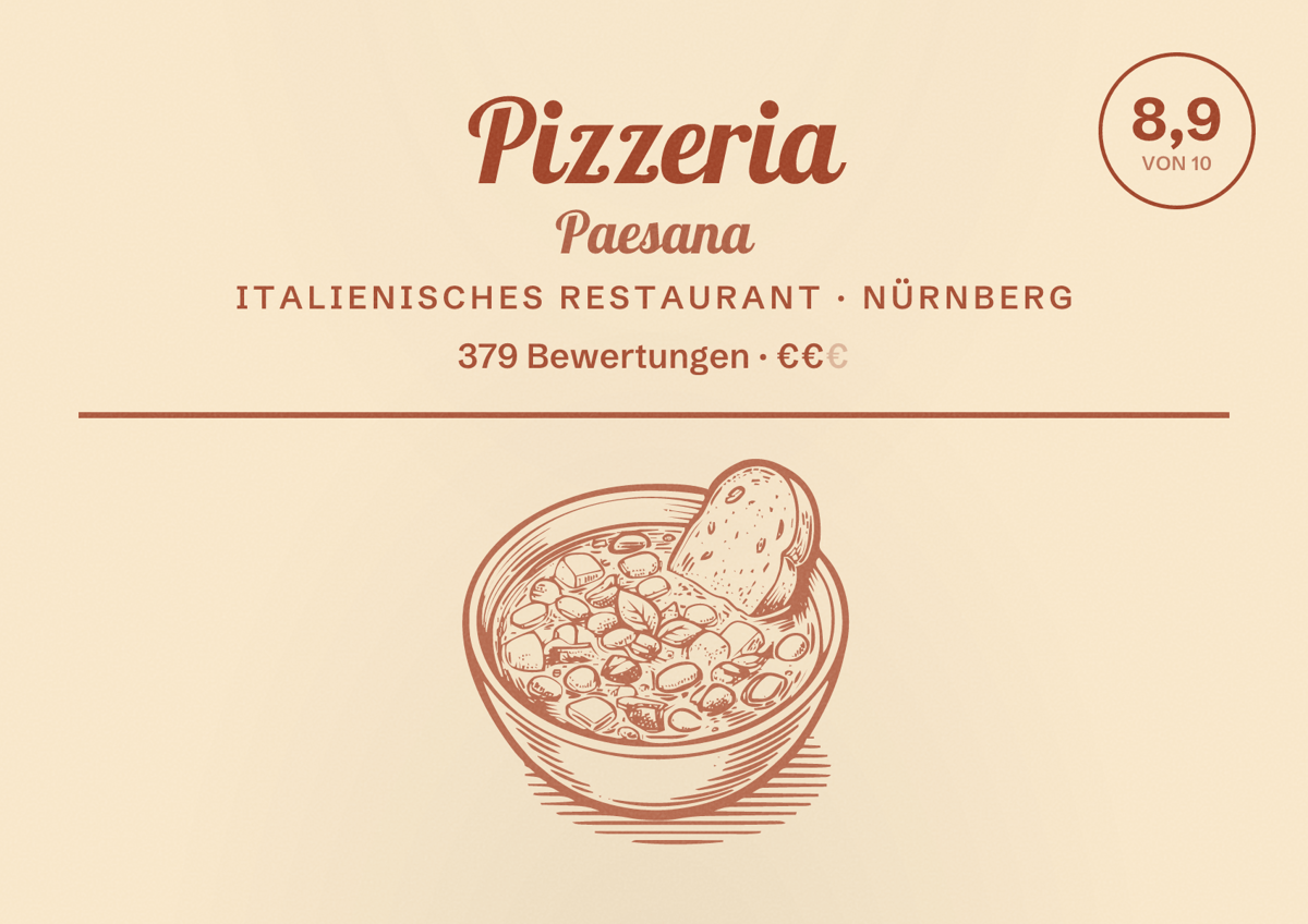 Illustriertes Poster von Pizzeria Paesana, Italienisches Restaurant in Nürnberg: Bewertung 8,9 von 10 aus 379 Bewertungen, Preisniveau €€