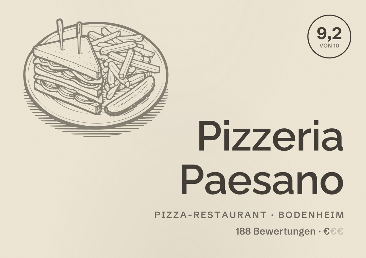 Illustriertes Poster von Pizzeria Paesano, Pizza-Restaurant in Bodenheim: Bewertung 9,2 von 10 aus 188 Bewertungen, Preisniveau €
