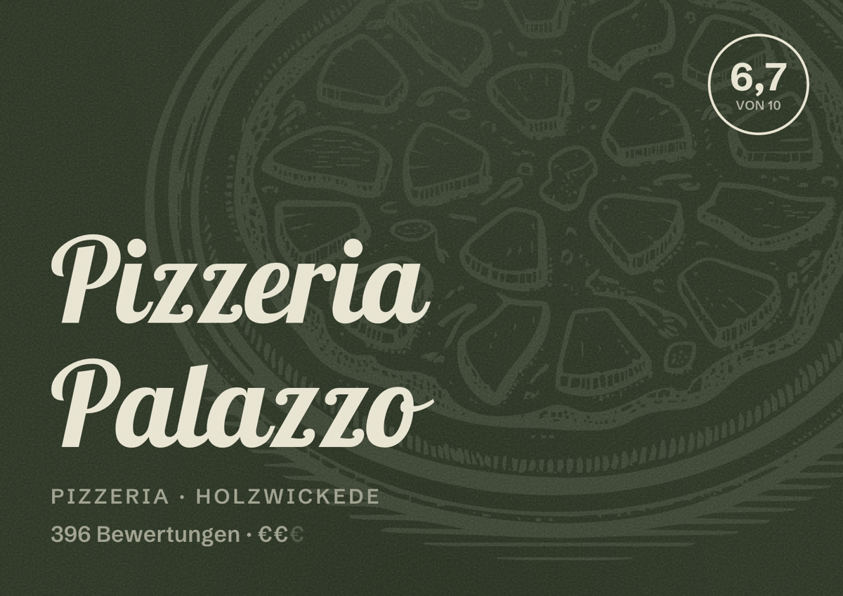 Illustriertes Poster von Pizzeria Palazzo, Pizzeria in Holzwickede: Bewertung 6,7 von 10 aus 396 Bewertungen, Preisniveau €€