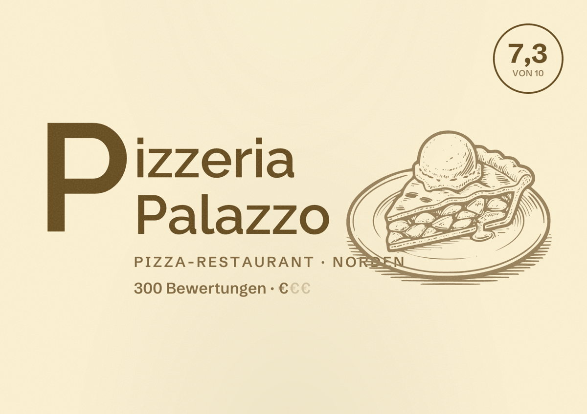 Illustriertes Poster von Pizzeria Palazzo, Pizza-Restaurant in Norden: Bewertung 7,3 von 10 aus 300 Bewertungen, Preisniveau €