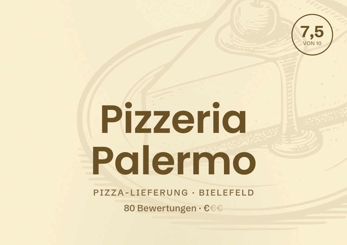 Illustriertes Poster von Pizzeria Palermo, Pizza-Lieferung in Bielefeld: Bewertung 7,5 von 10 aus 80 Bewertungen, Preisniveau €