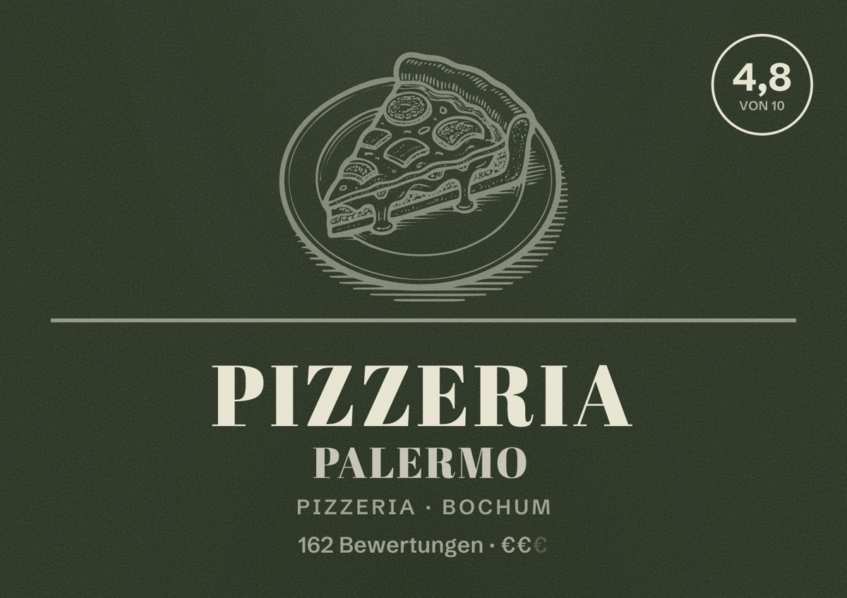 Illustriertes Poster von Pizzeria Palermo, Pizzeria in Bochum: Bewertung 4,8 von 10 aus 162 Bewertungen, Preisniveau €€