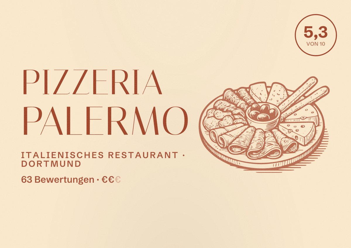 Illustriertes Poster von Pizzeria Palermo, Italienisches Restaurant in Dortmund: Bewertung 5,3 von 10 aus 63 Bewertungen, Preisniveau €€