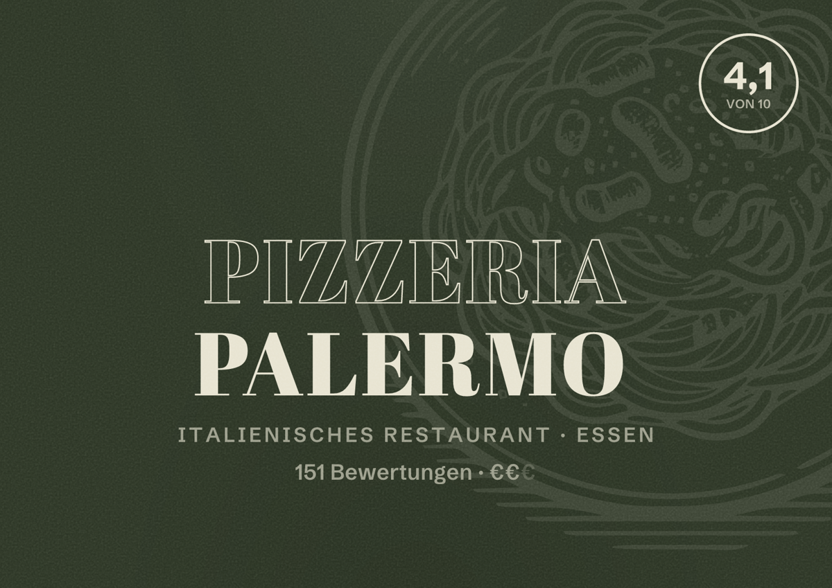 Illustriertes Poster von Pizzeria Palermo, Italienisches Restaurant in Essen: Bewertung 4,1 von 10 aus 151 Bewertungen, Preisniveau €€