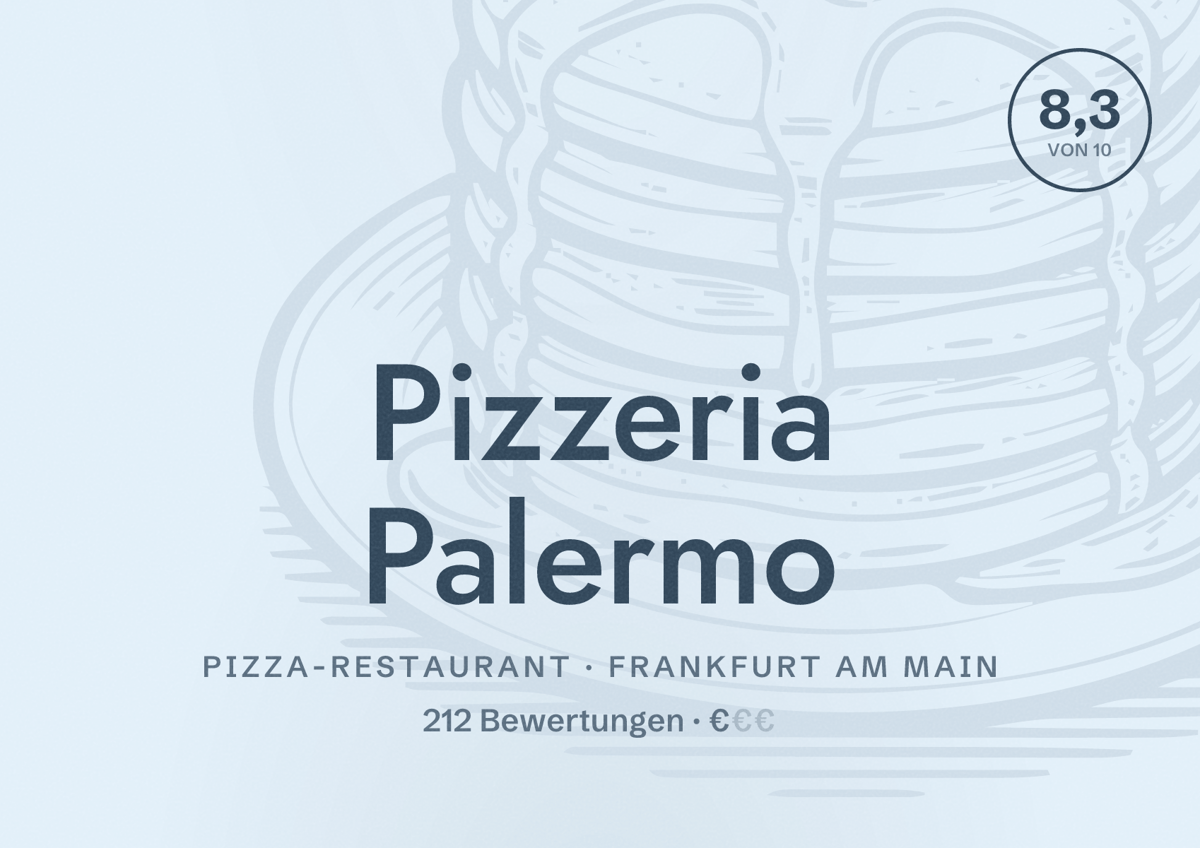 Illustriertes Poster von Pizzeria Palermo, Pizza-Restaurant in Frankfurt am Main: Bewertung 8,3 von 10 aus 212 Bewertungen, Preisniveau €