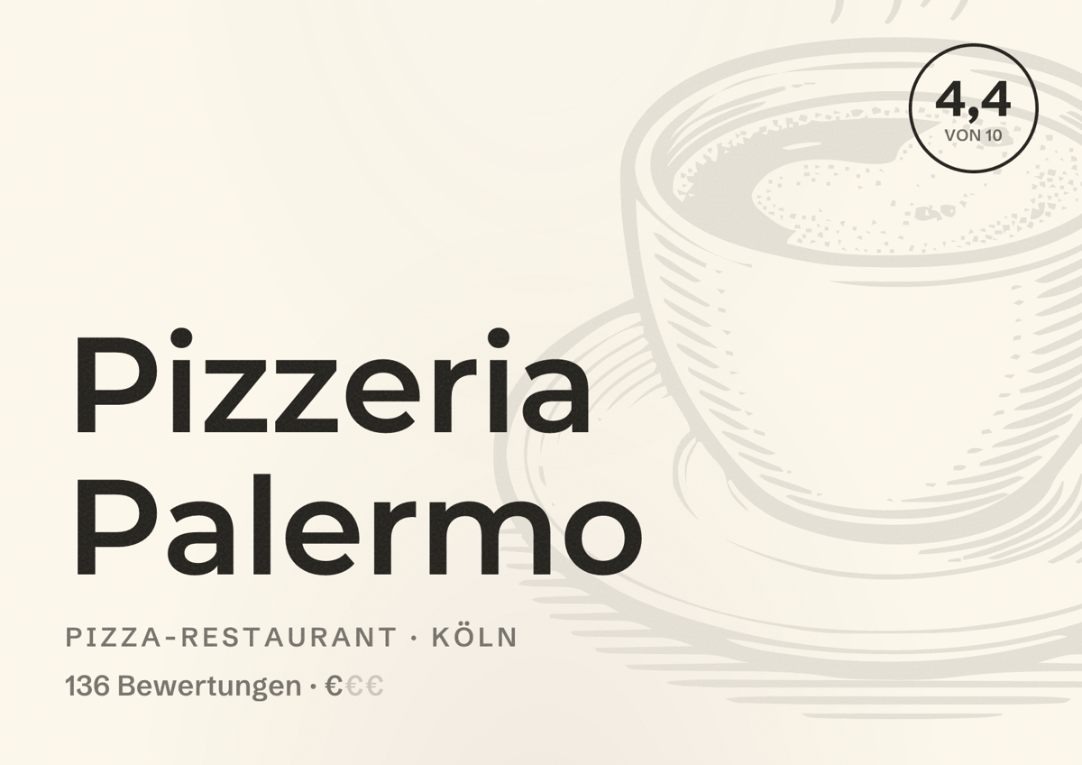 Illustriertes Poster von Pizzeria Palermo, Pizza-Restaurant in Köln: Bewertung 4,4 von 10 aus 136 Bewertungen, Preisniveau €