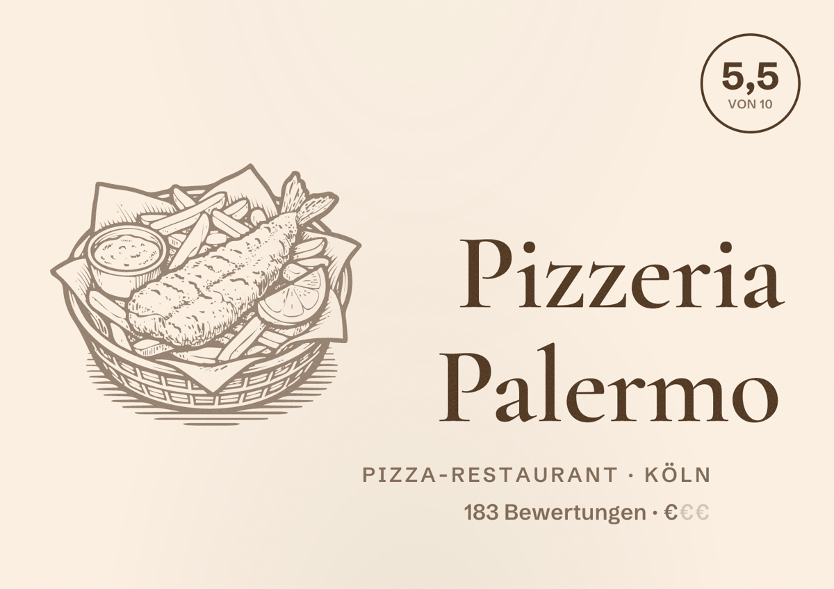 Illustriertes Poster von Pizzeria Palermo, Pizza-Restaurant in Köln: Bewertung 5,5 von 10 aus 183 Bewertungen, Preisniveau €